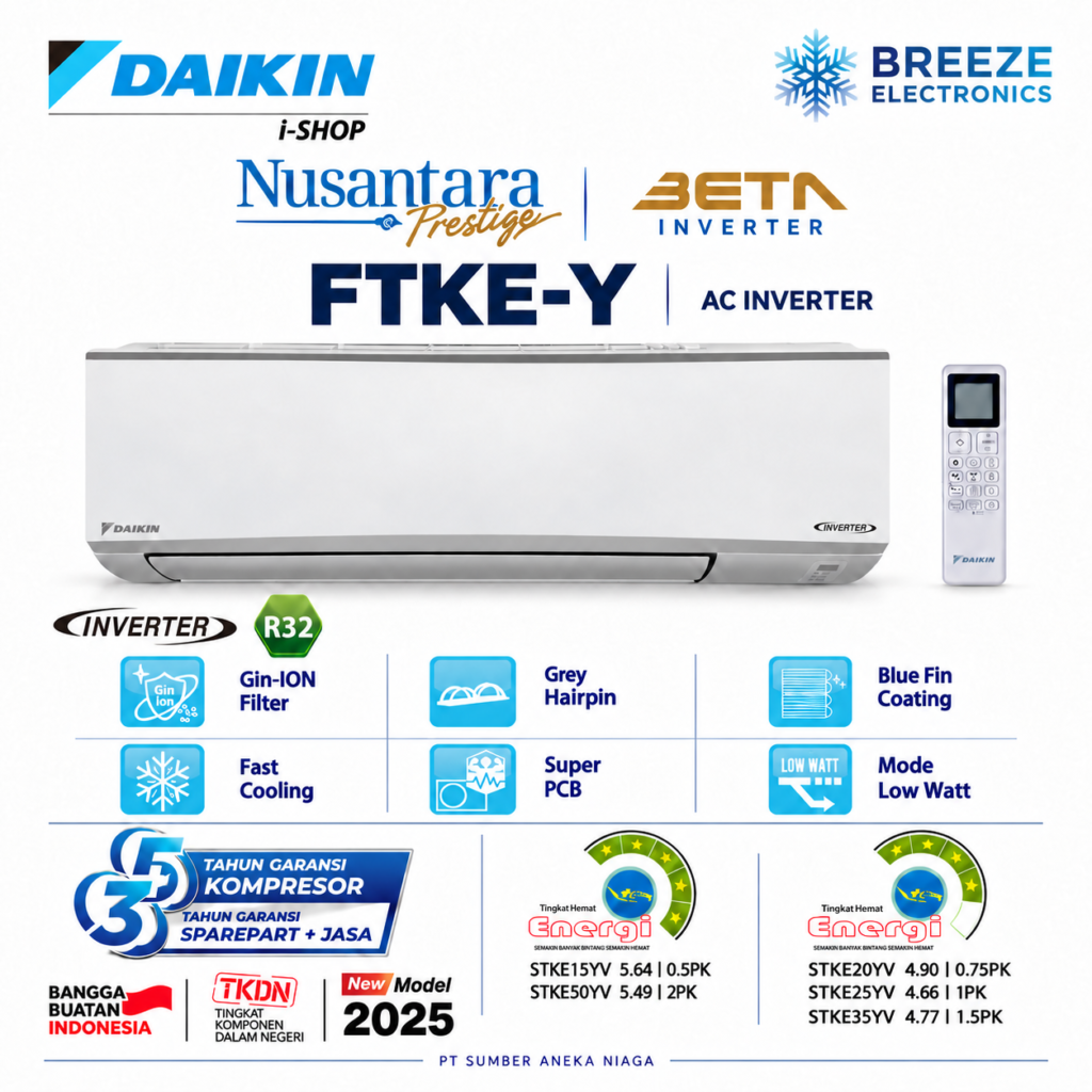 JUAL AC Daikin FTKE-Y Nusantara Prestige STKE iShop Rekomendasi AC Breeze electronics PT Sumber Aneka Niaga Beta Inverter